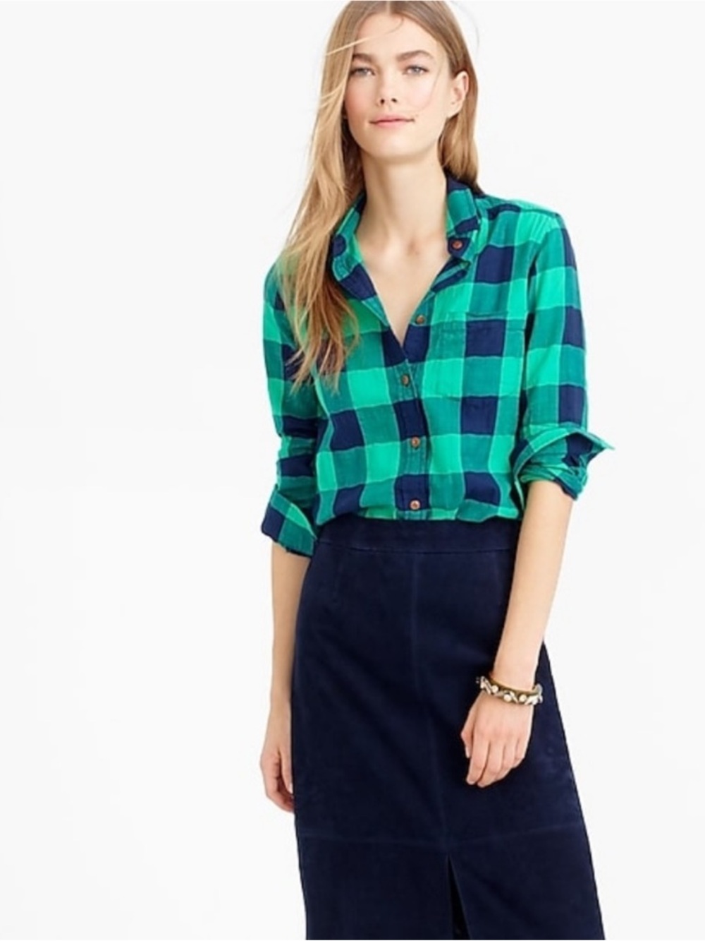 J.Crew Women’s Emerald Green Blue Buffalo Check Shrunken Boy Button-Down Shirt 6